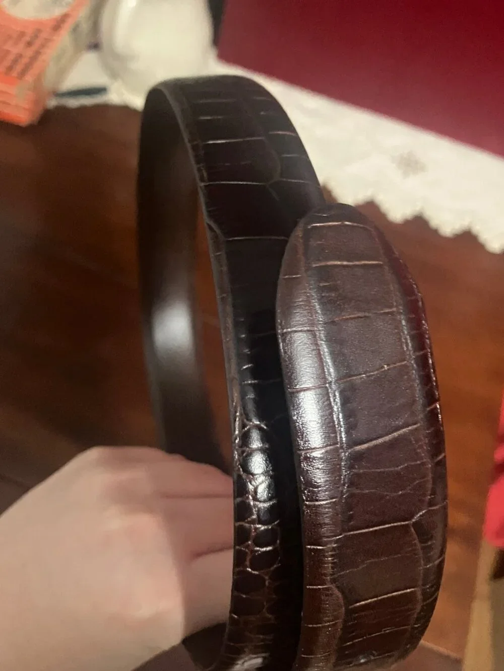 Ralph Lauren Dark Brown Croc-Embossed Leather Belt with Silver Buckle